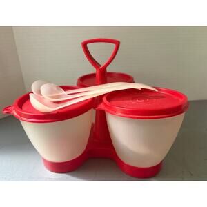 Vintage TUPPERWARE -10-Piece-CONDIMENT CADDY with 3 SPOONS & 3 Lids-# 757 - Red
